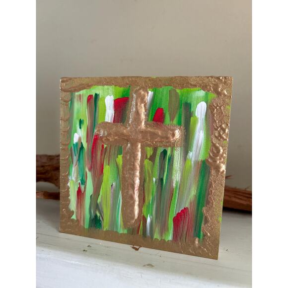Gold Cross Wood Hand Painted Wall Art 5x5 Block Raised Cross Christmas Style - Picture 9 of 9
